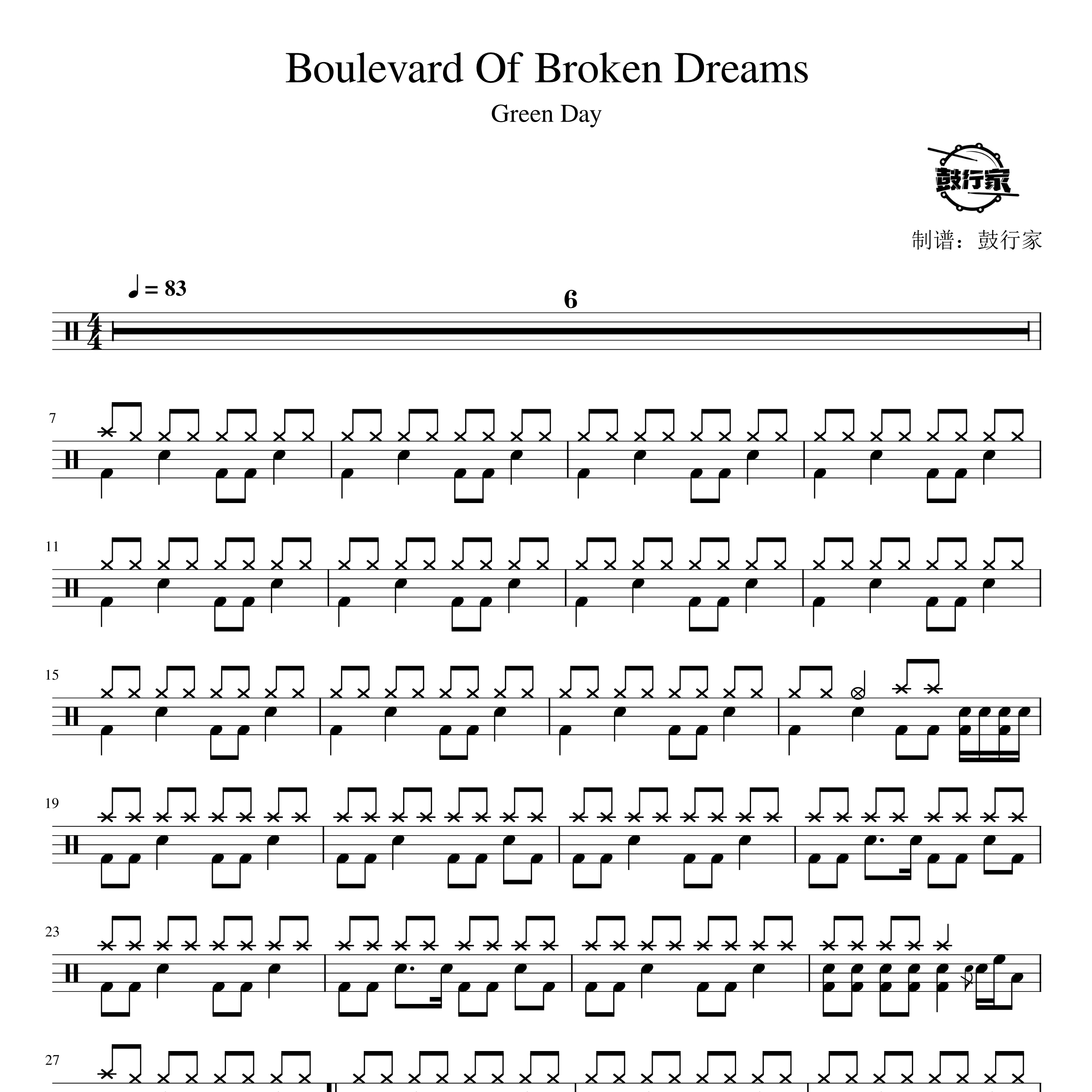 Boulevard Of Broken Dreams架子鼓谱