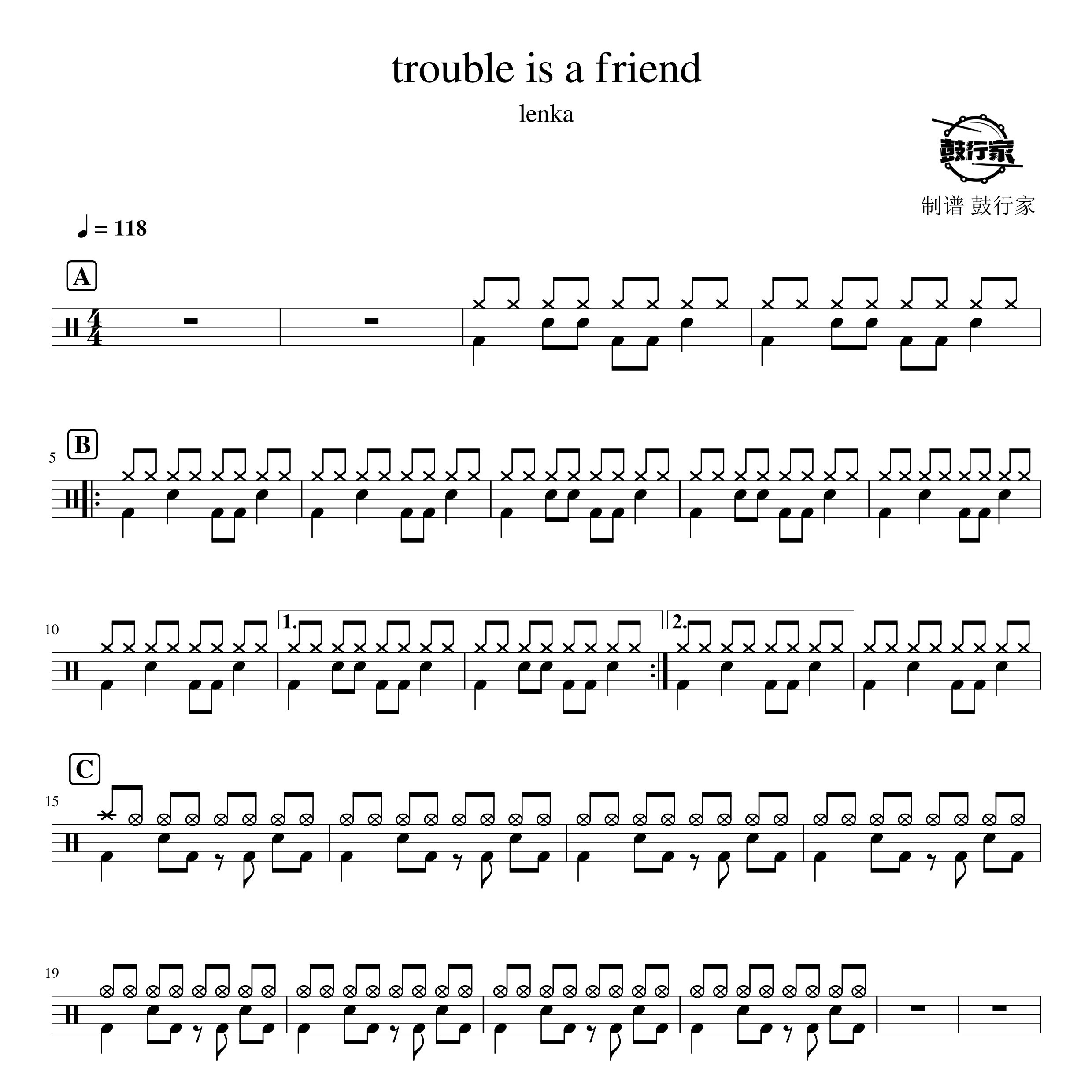 trouble is a friend架子鼓谱